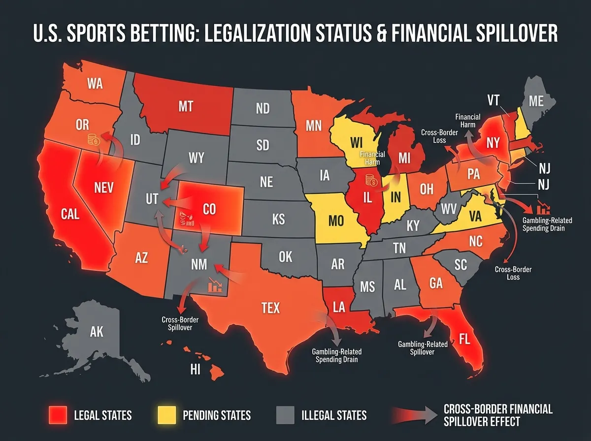Map of the United States showing state-by-state sports betting legalization status