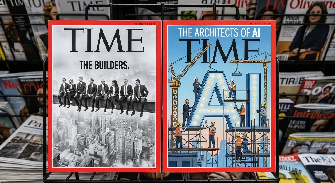 TIME Magazine covers showing the Architects of AI on construction scaffolding