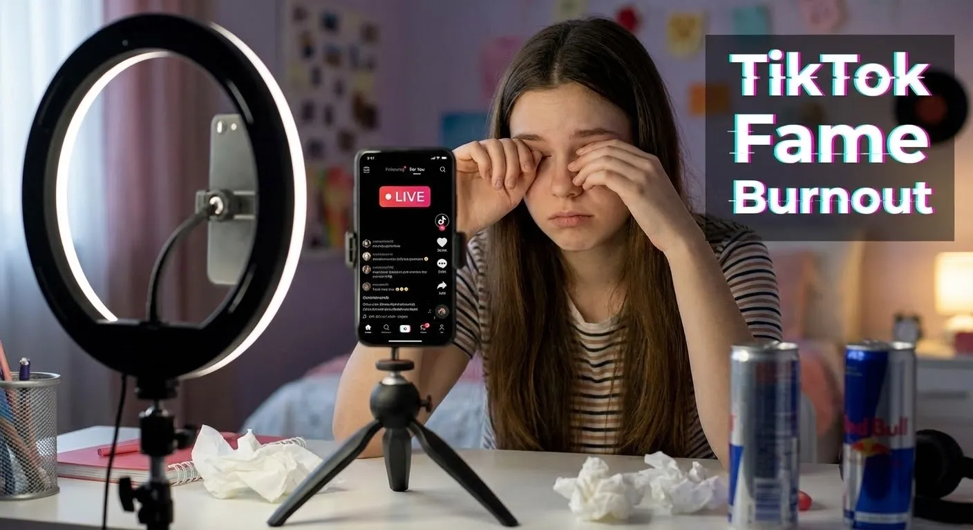 Young content creator filming TikTok video surrounded by ring lights and phones