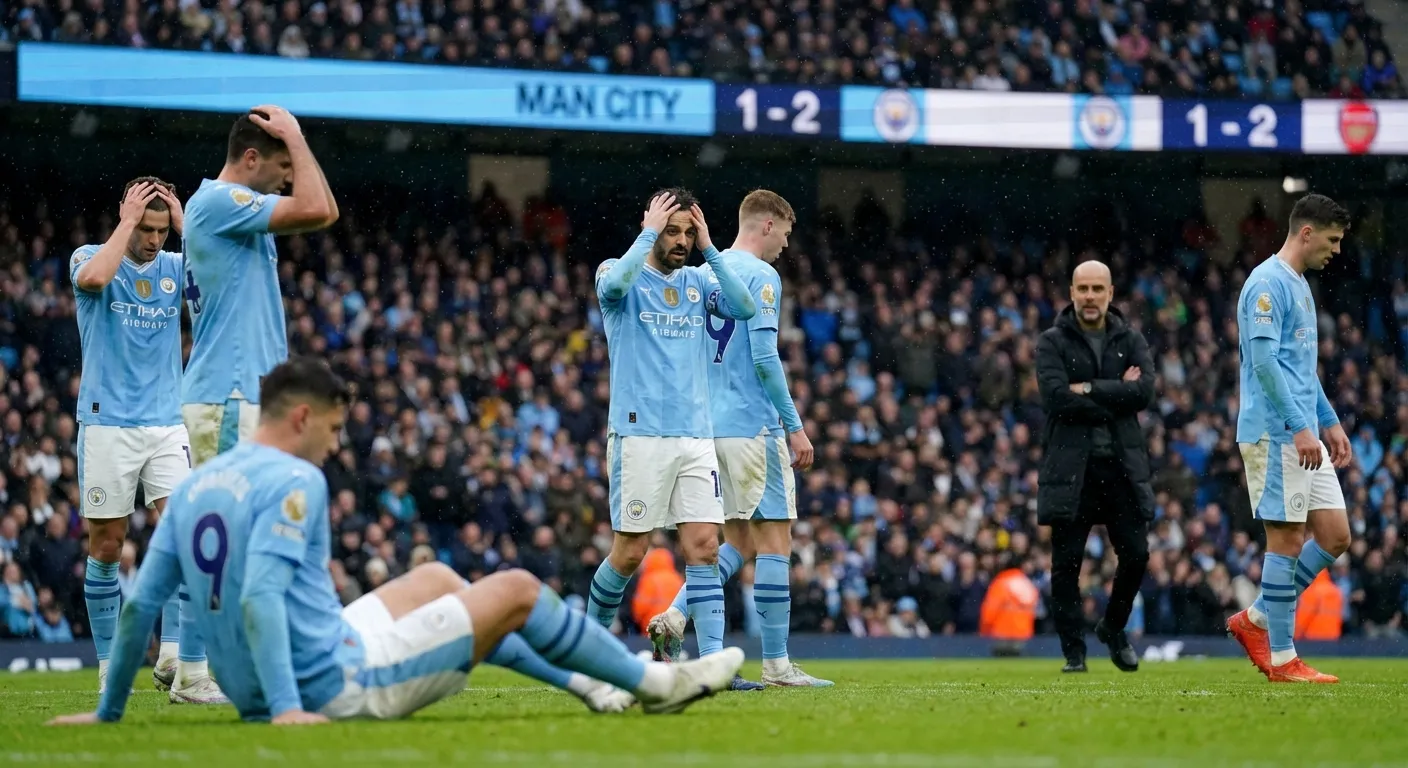 Manchester City players looking frustrated during a match