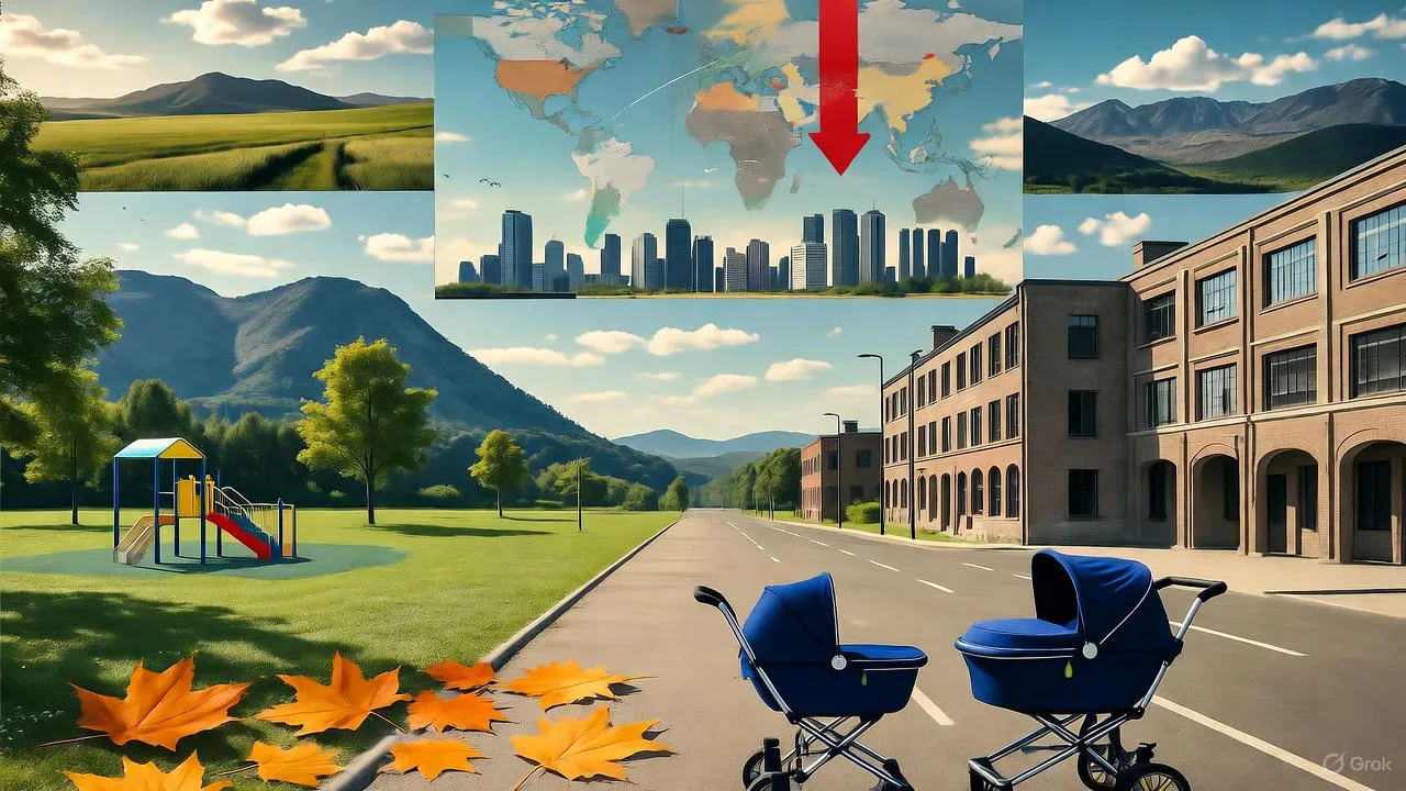 Empty playground equipment in modern urban setting symbolizing declining birth rates