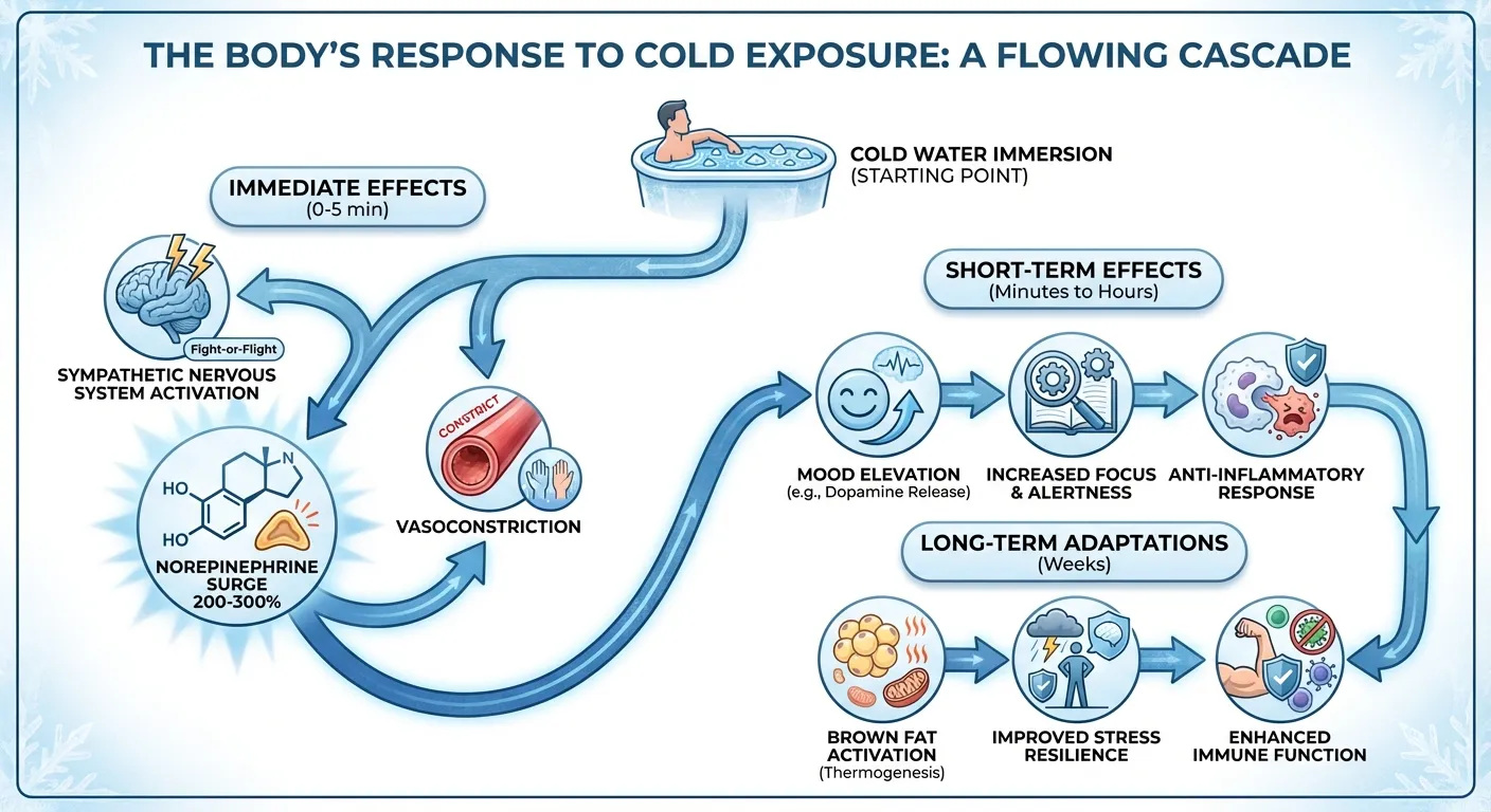 Diagram showing the physiological cascade triggered by cold exposure including norepinephrine release, brown fat activation, and immune stimulation