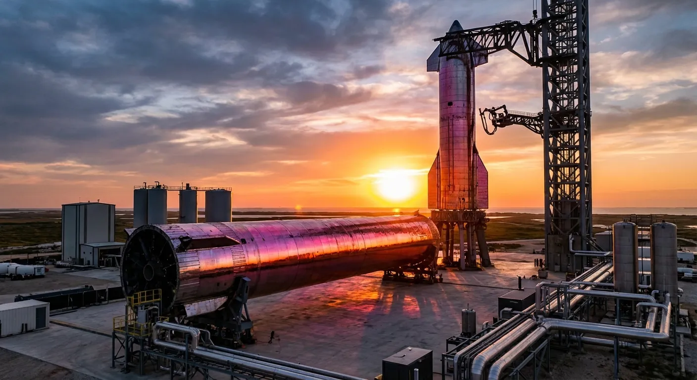 Starship rocket on launch pad with full stack configuration