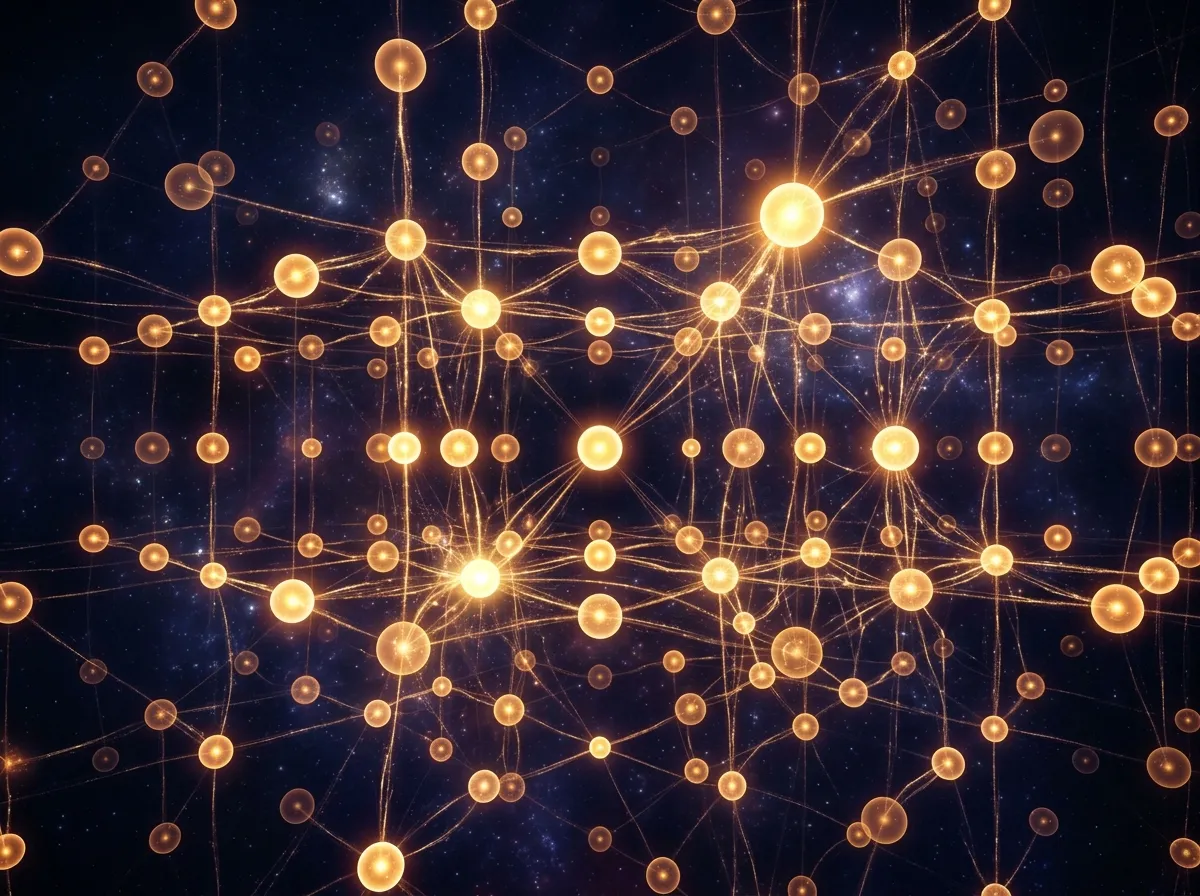 An abstract visualization of quantum entanglement between glowing particles