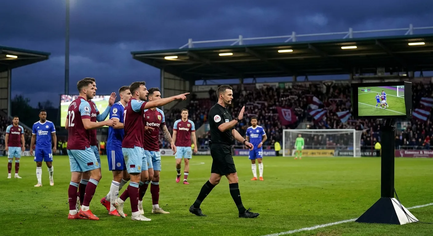 Players surrounding a referee near a VAR monitor during a controversial La Liga goal decision