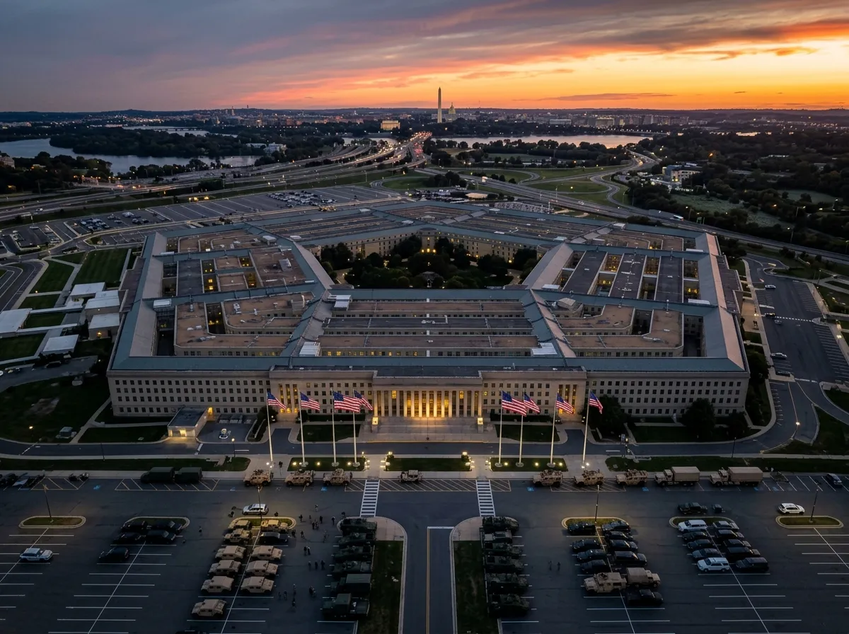 Pentagon building exterior with military vehicles and American flag at dusk
