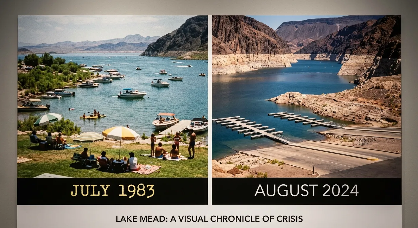 Split screen showing Colorado River basin with full reservoir versus current drought levels