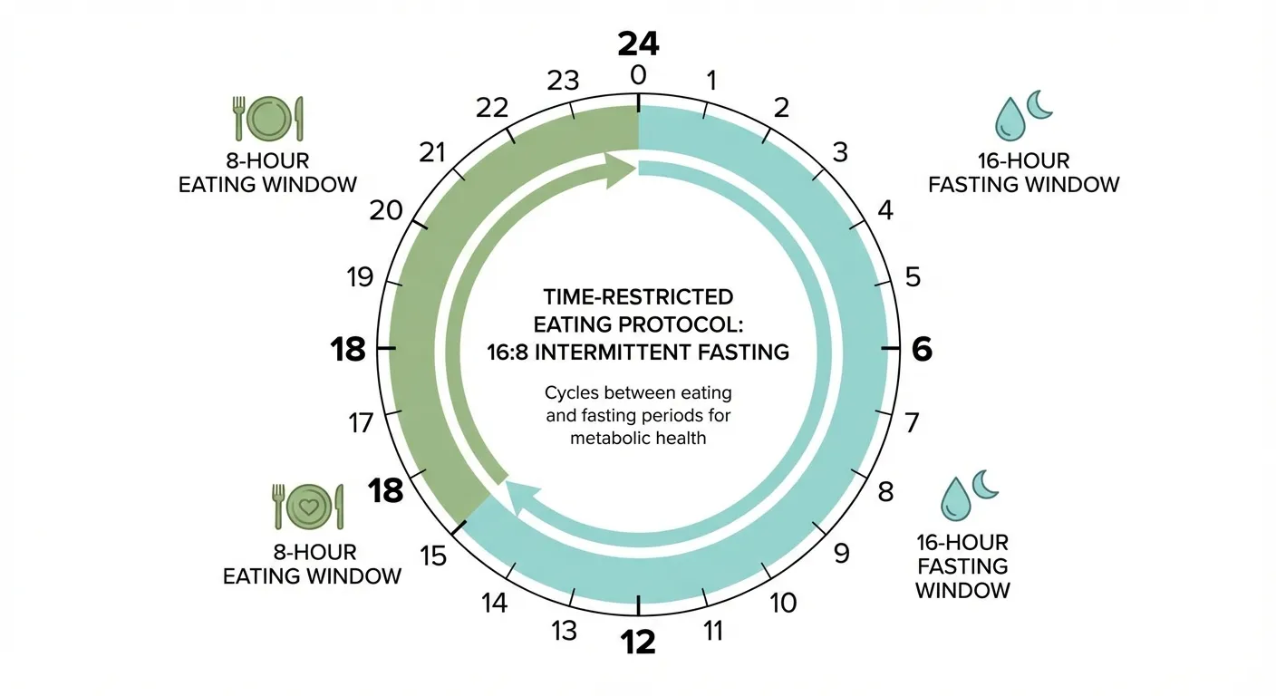 Timeline infographic showing eight-hour eating window with clock and meal icons