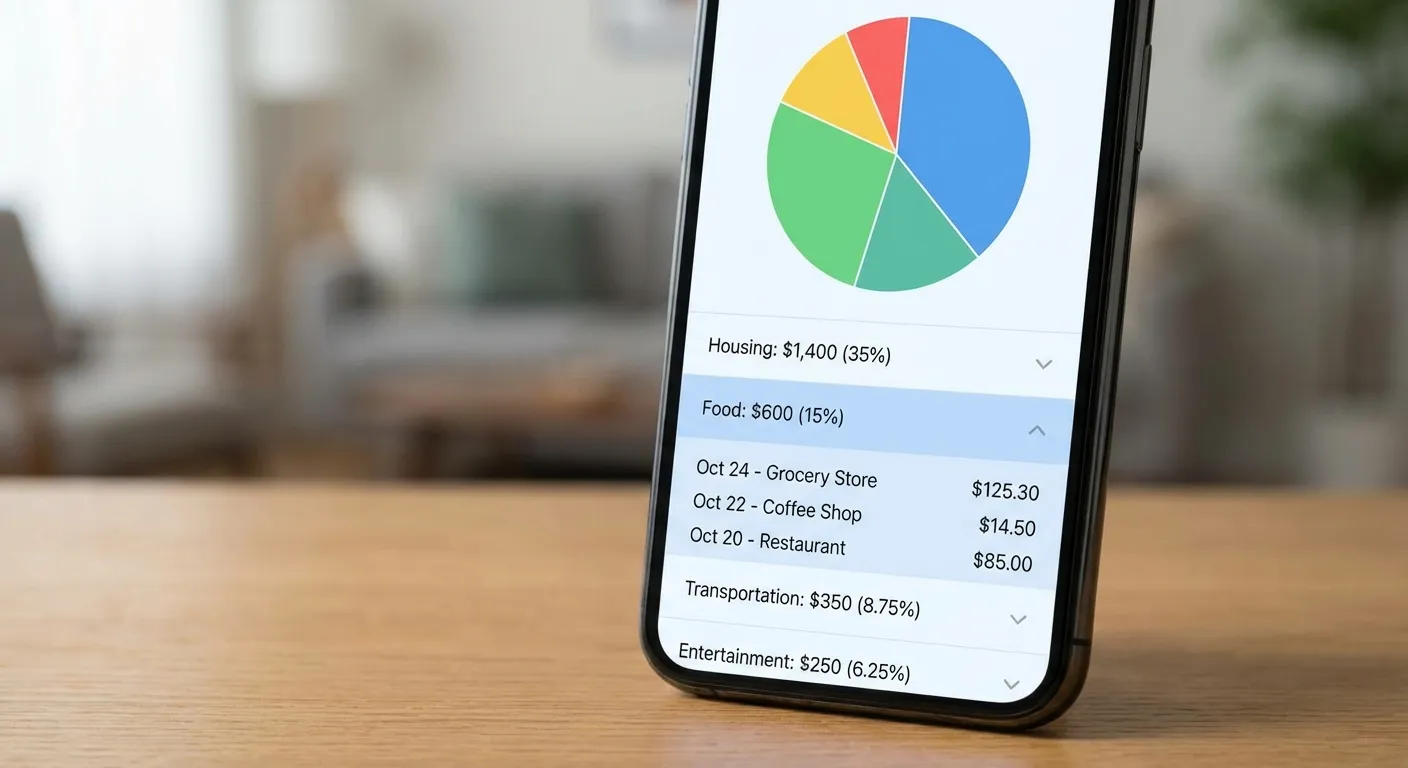 Smartphone showing expense tracking app with categorized spending