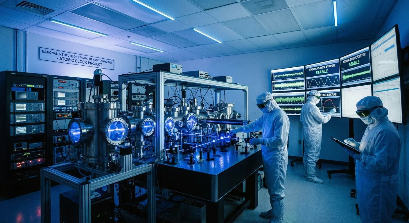 Modern atomic clock in laboratory setting with scientific equipment