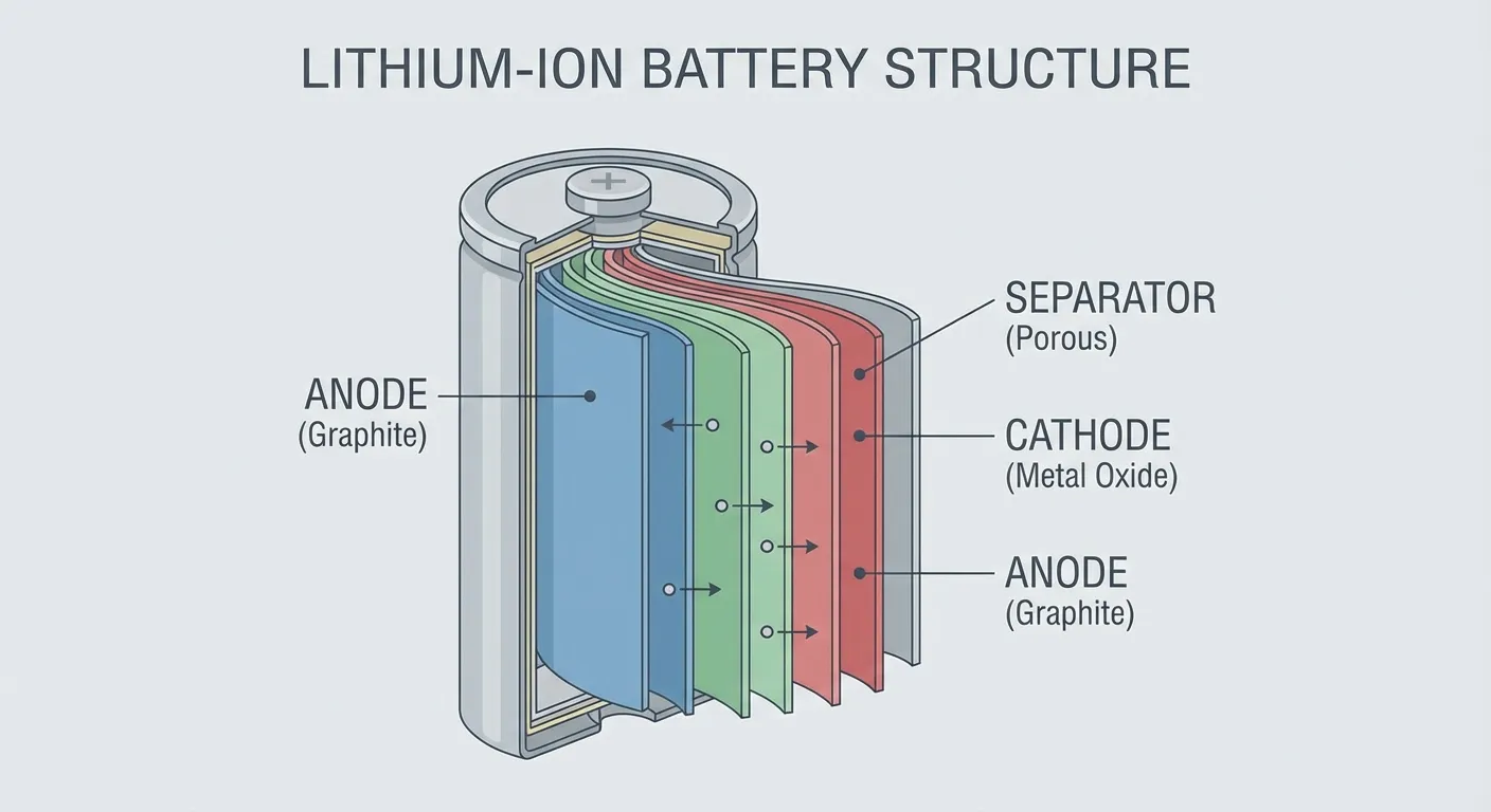 Cross-section illustration of lithium-ion battery cell showing internal chemistry
