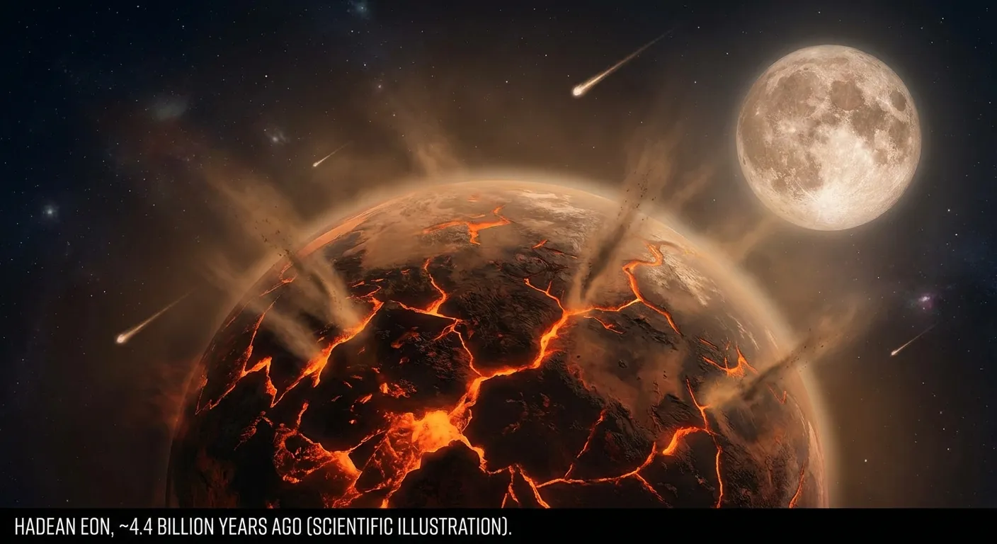 Artist rendering of Earth during the Hadean eon with molten surface and asteroid impacts