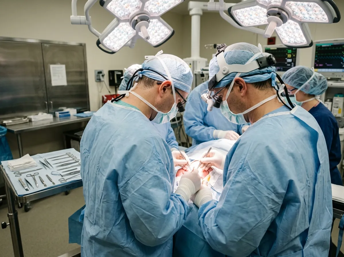 A surgeon performing delicate pediatric surgery under bright operating lights
