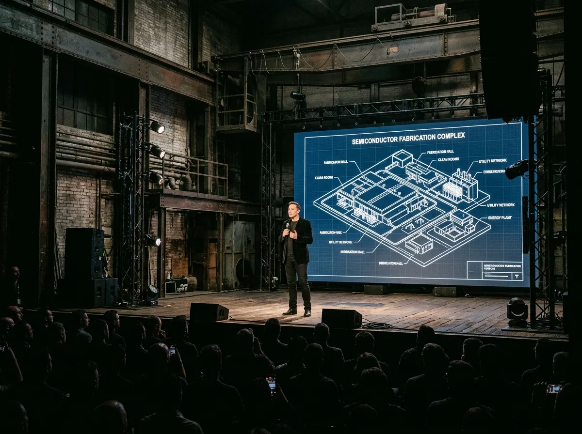 Elon Musk on stage at the Seaholm Power Plant presenting Terafab plans