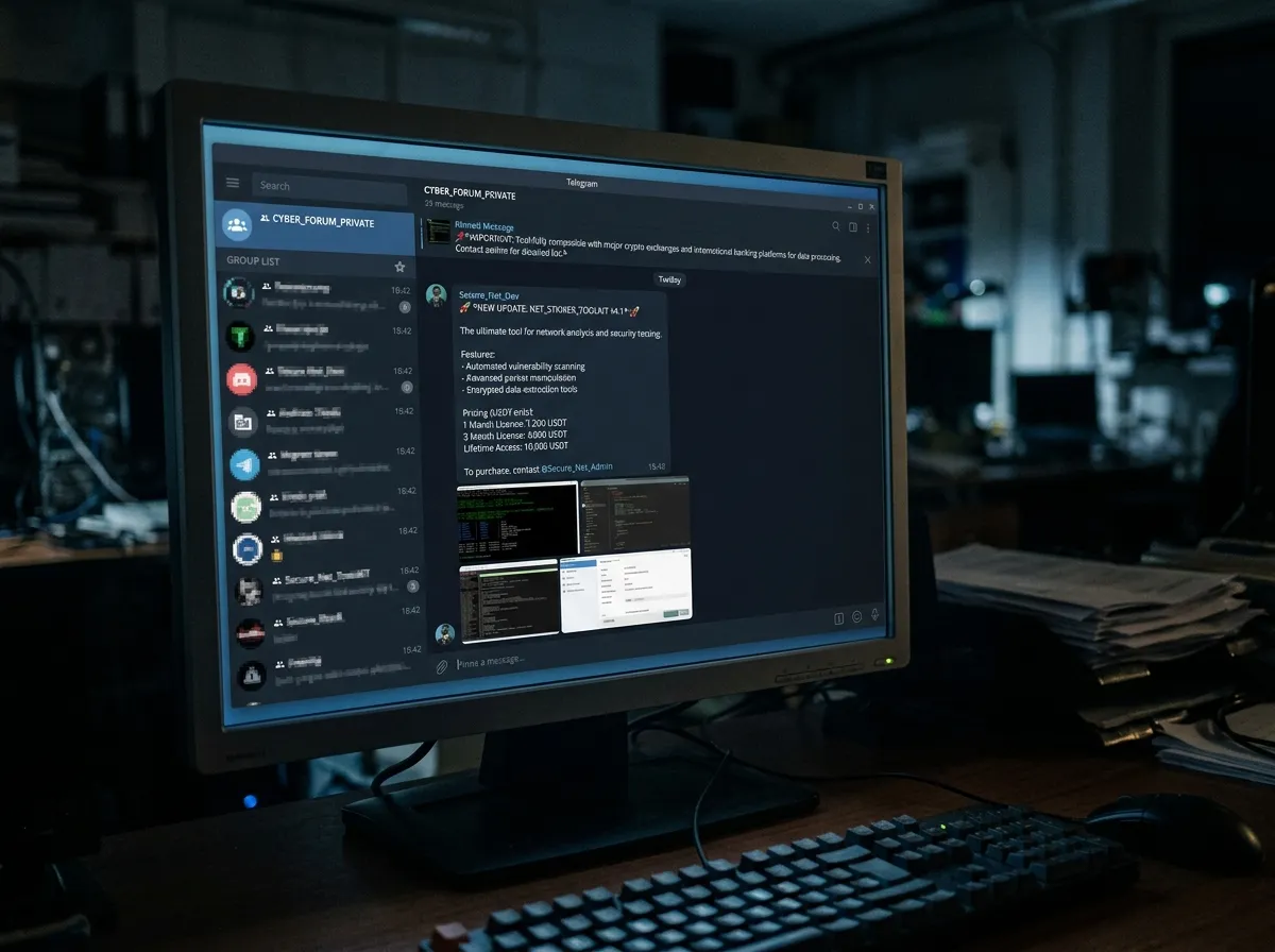 Screenshot-style mockup of a Telegram channel listing a deepfake KYC bypass tool for sale