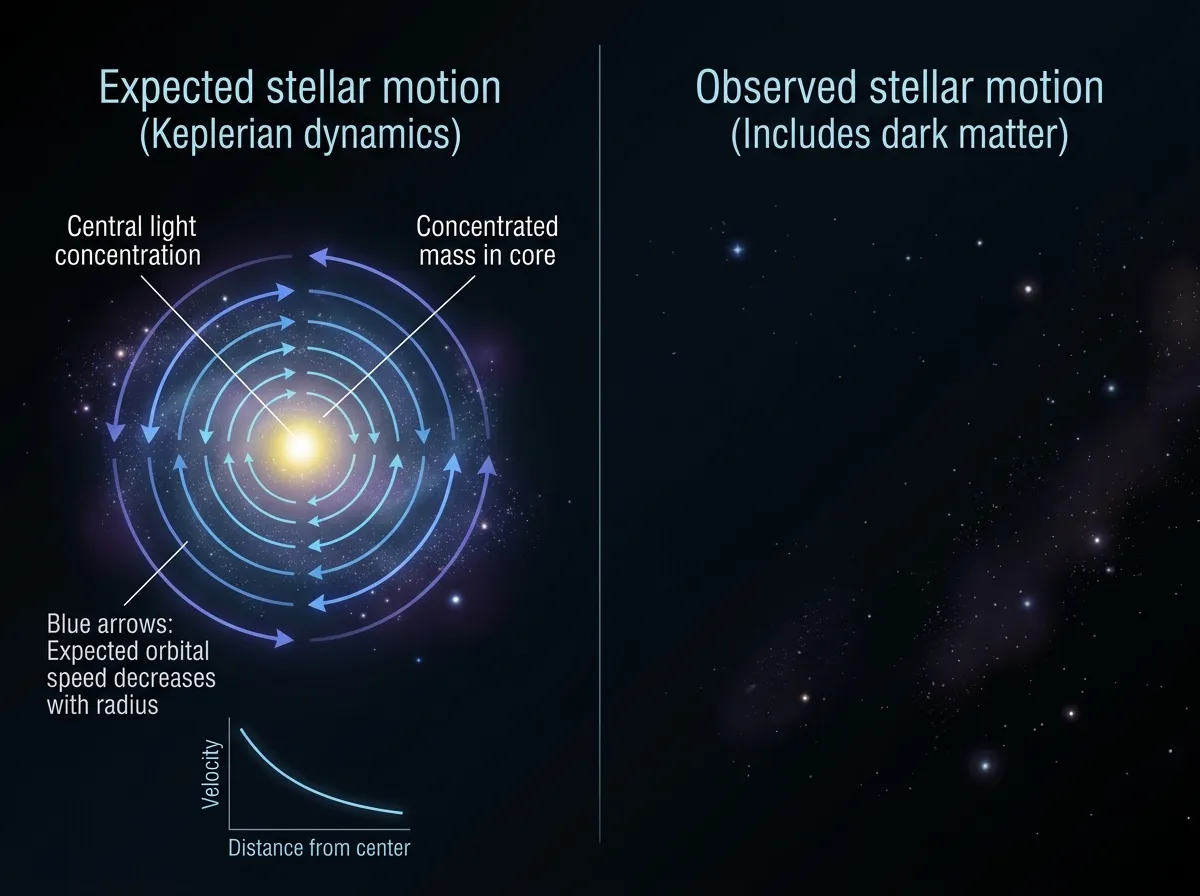 Diagram comparing orderly stellar orbits in a normal galaxy with chaotic star motions in the SMC