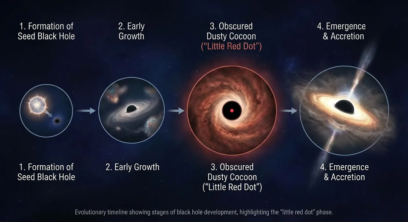 Timeline showing black hole evolution from obscured infant to visible quasar