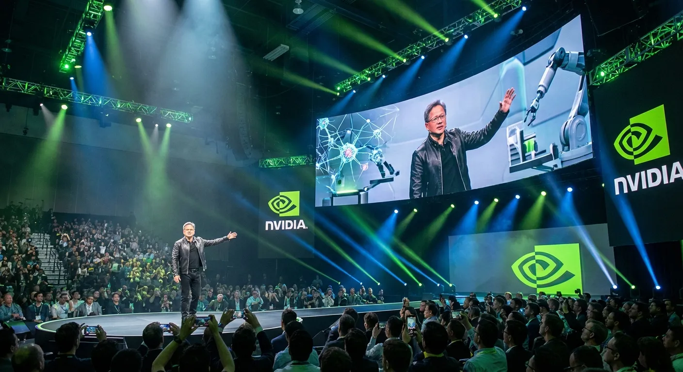 Jensen Huang on stage at CES with NVIDIA branding and dramatic lighting