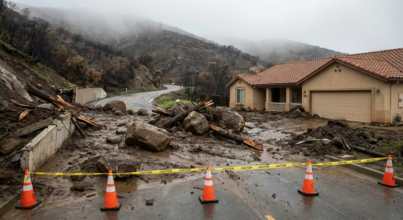 Mudslide debris covering road in hillside California community