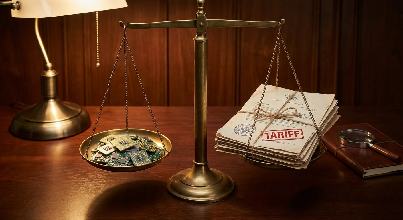 Scale balancing chips and tariff documents symbolizing trade policy tradeoffs