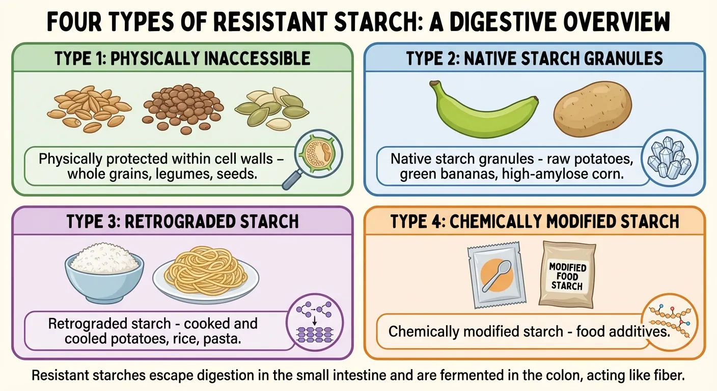 Infographic showing the four types of resistant starch with food examples and formation mechanisms