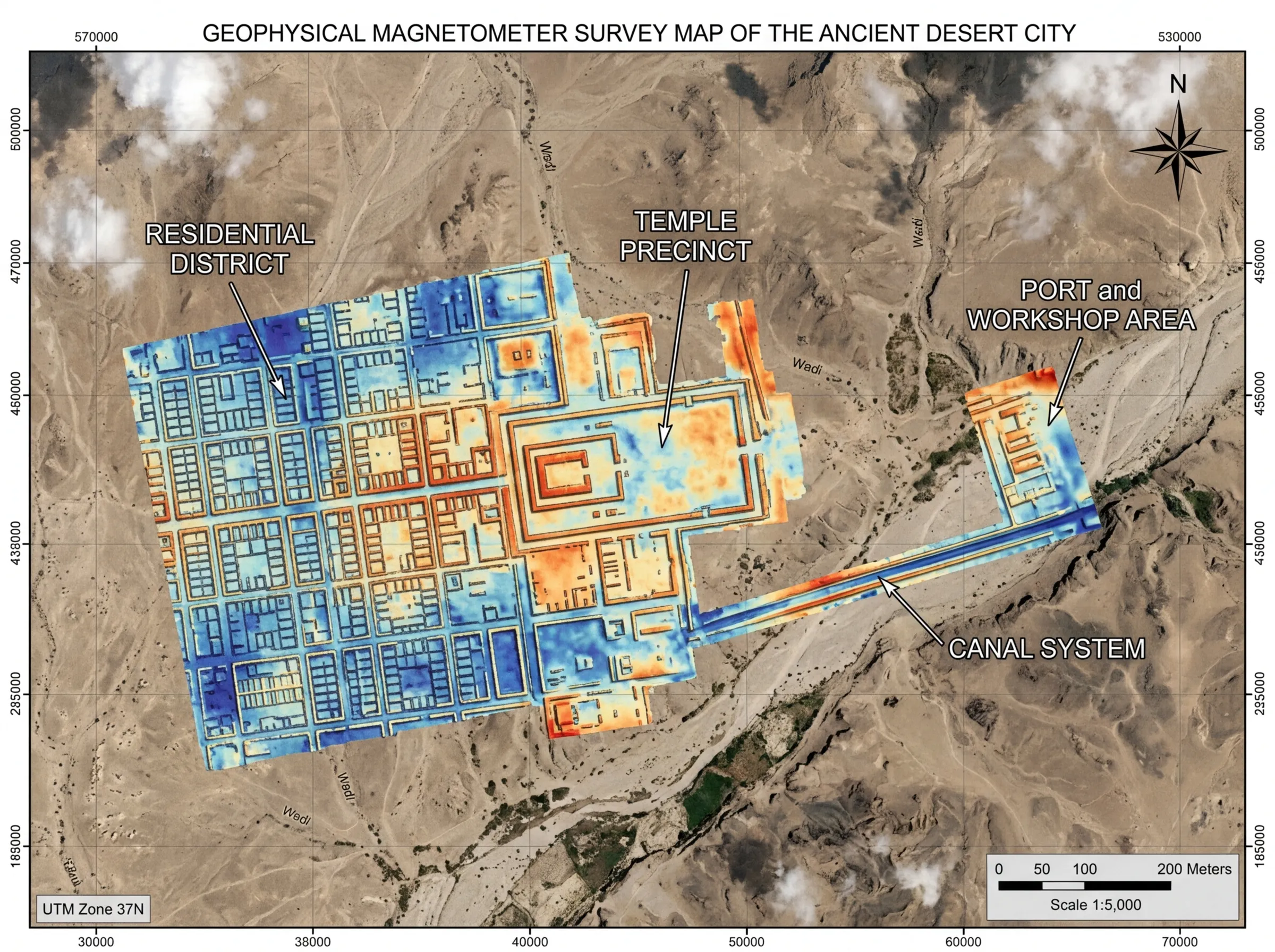 A geophysical survey map showing the gridded layout of the ancient city beneath the desert surface