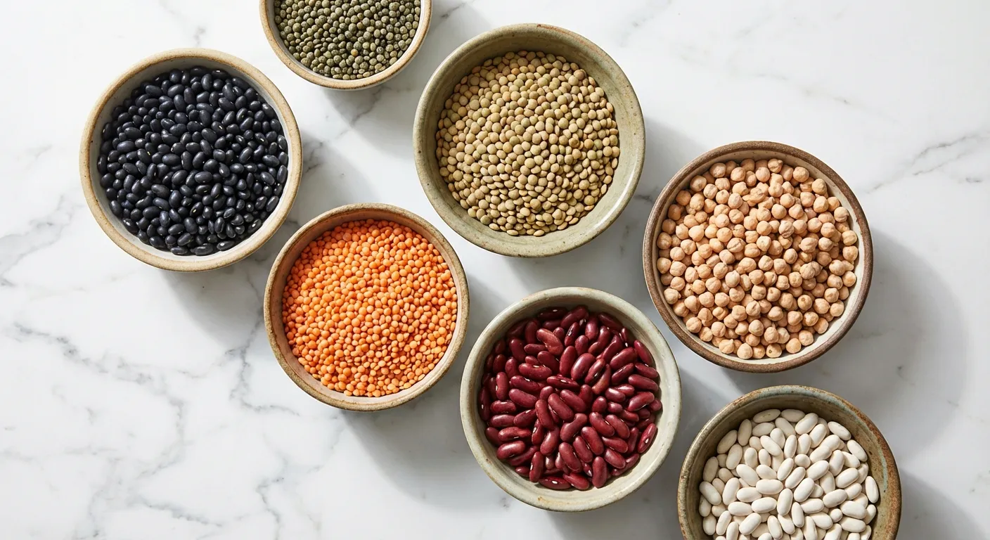 Variety of legumes in bowls including black beans lentils chickpeas arranged aesthetically