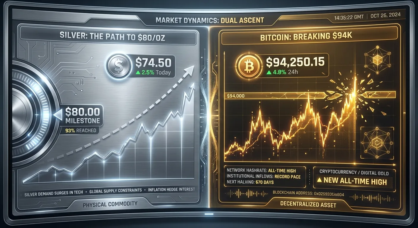 Commodity prices showing silver and bitcoin performance