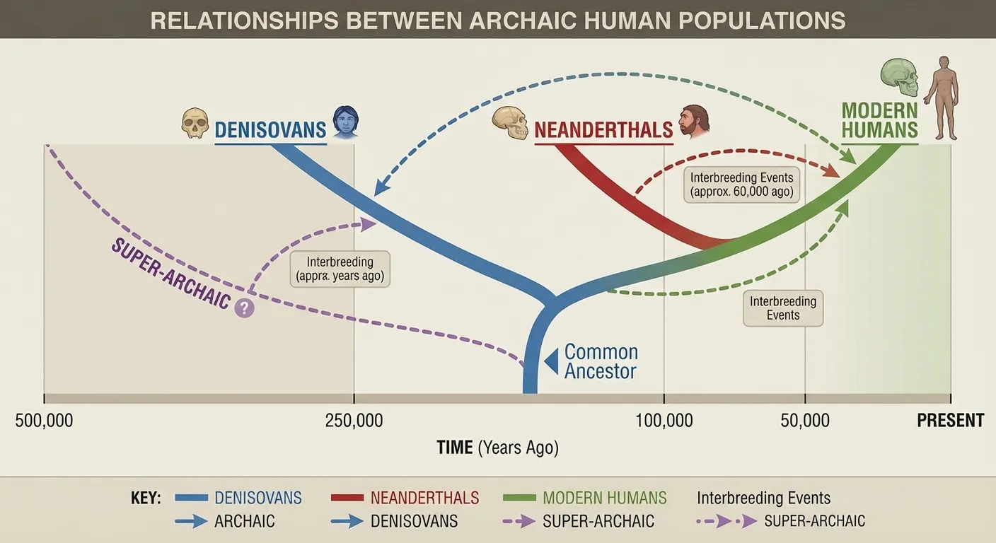 Diagram showing the complex relationships between Denisovans, Neanderthals, and modern humans