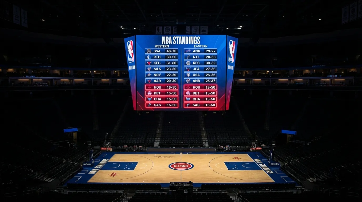 NBA scoreboard showing team standings with several teams clustered at the bottom