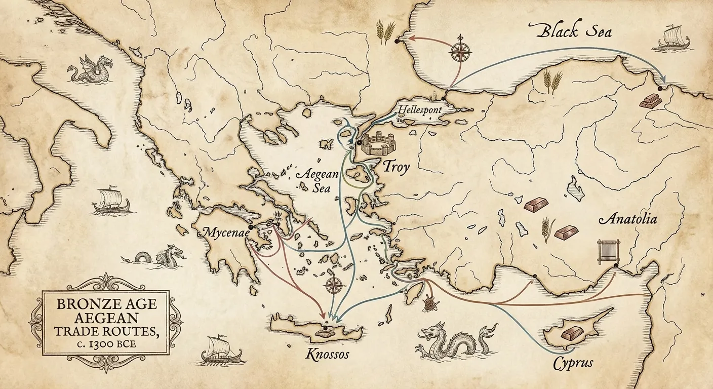 Map showing Bronze Age Aegean trade routes with Troy's strategic location highlighted