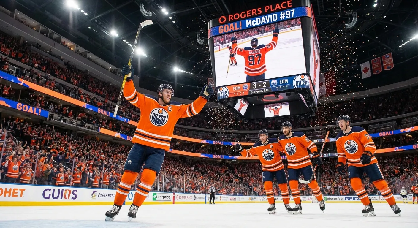Connor McDavid celebrating after scoring a goal at Rogers Place