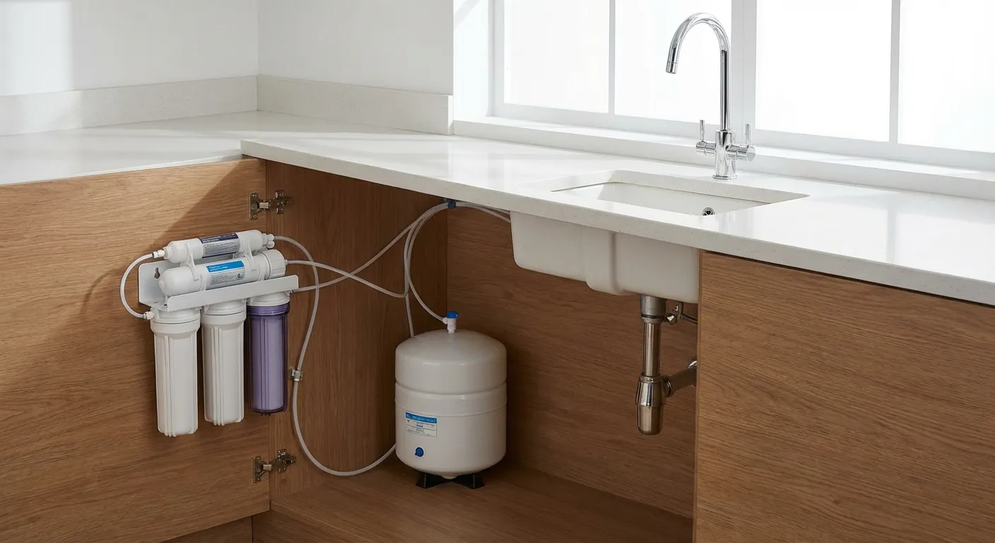 Under-sink reverse osmosis water filtration system installed in modern kitchen