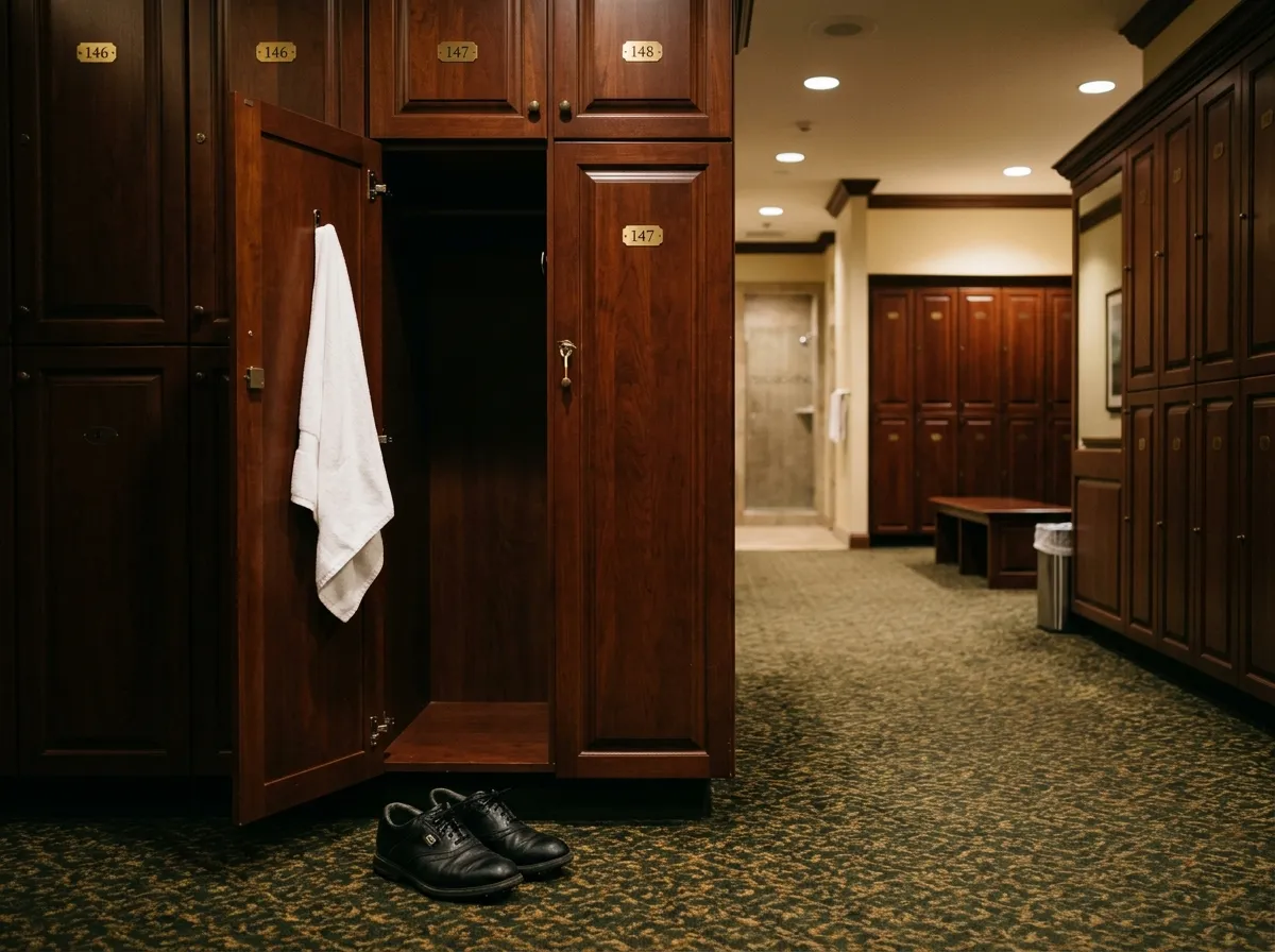 An empty locker in a golf clubhouse with a lone pair of golf shoes on the floor