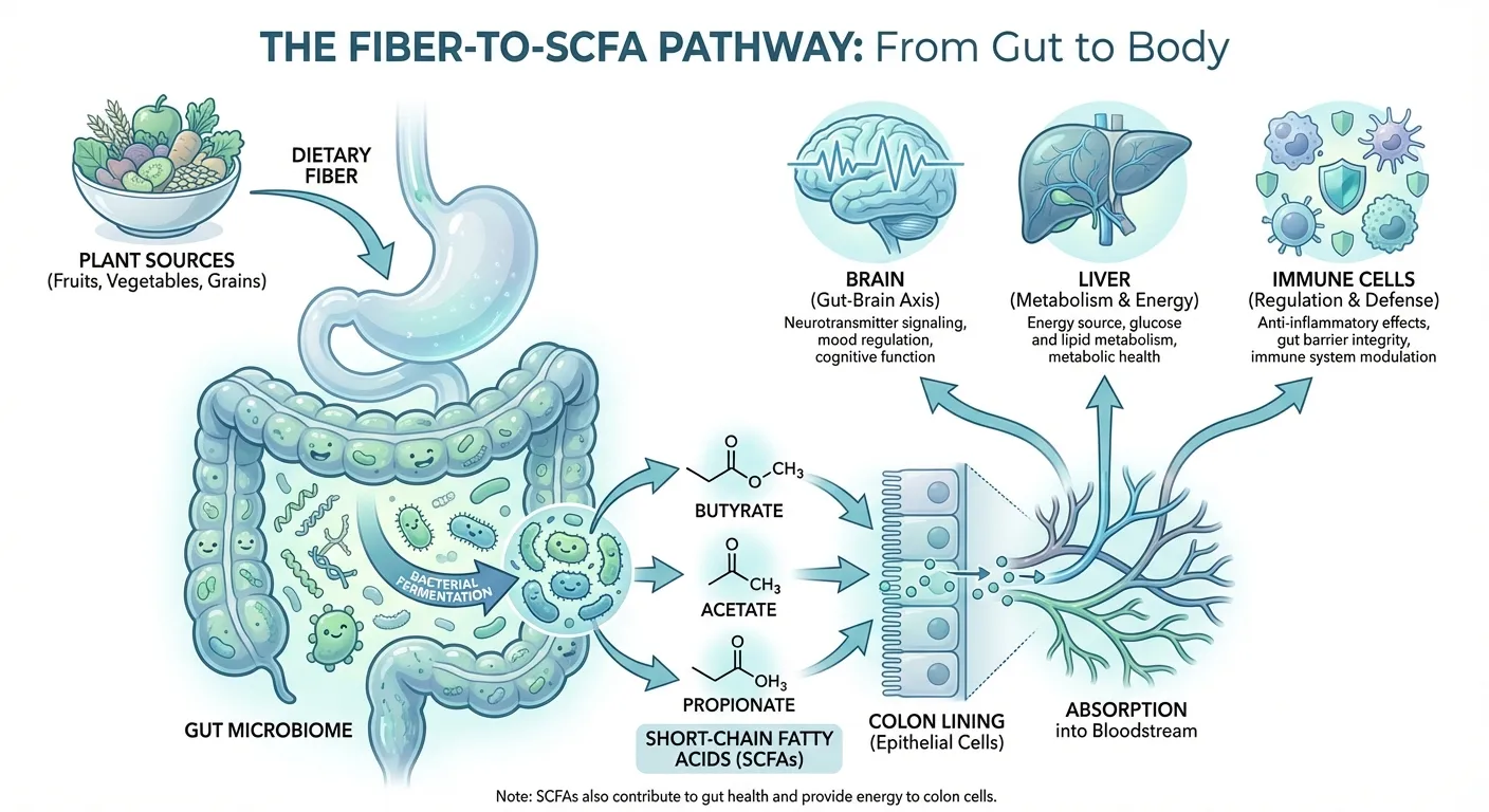 Illustrated diagram showing gut microbiome fermenting fiber into short-chain fatty acids