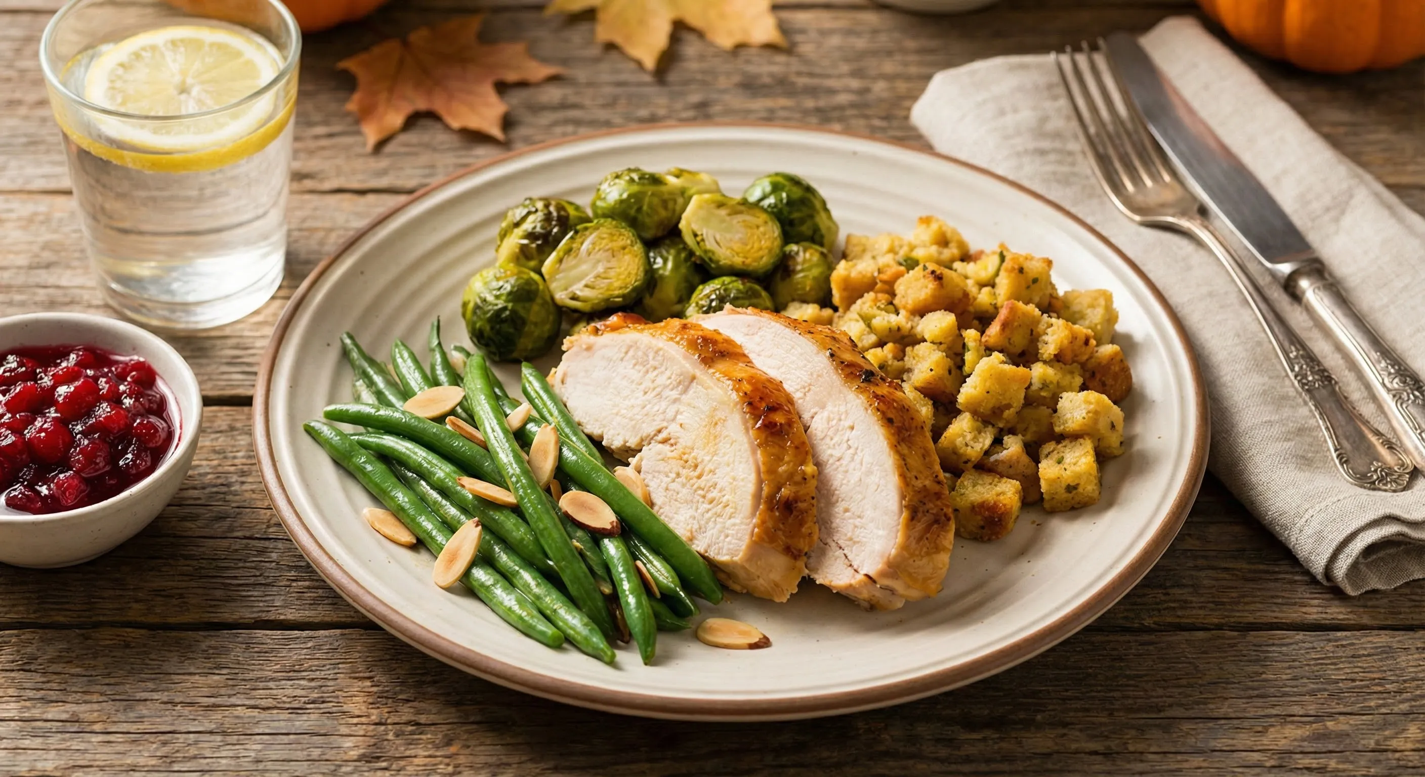 A thanksgiving plate with turkey, green beans, and a small portion of stuffing