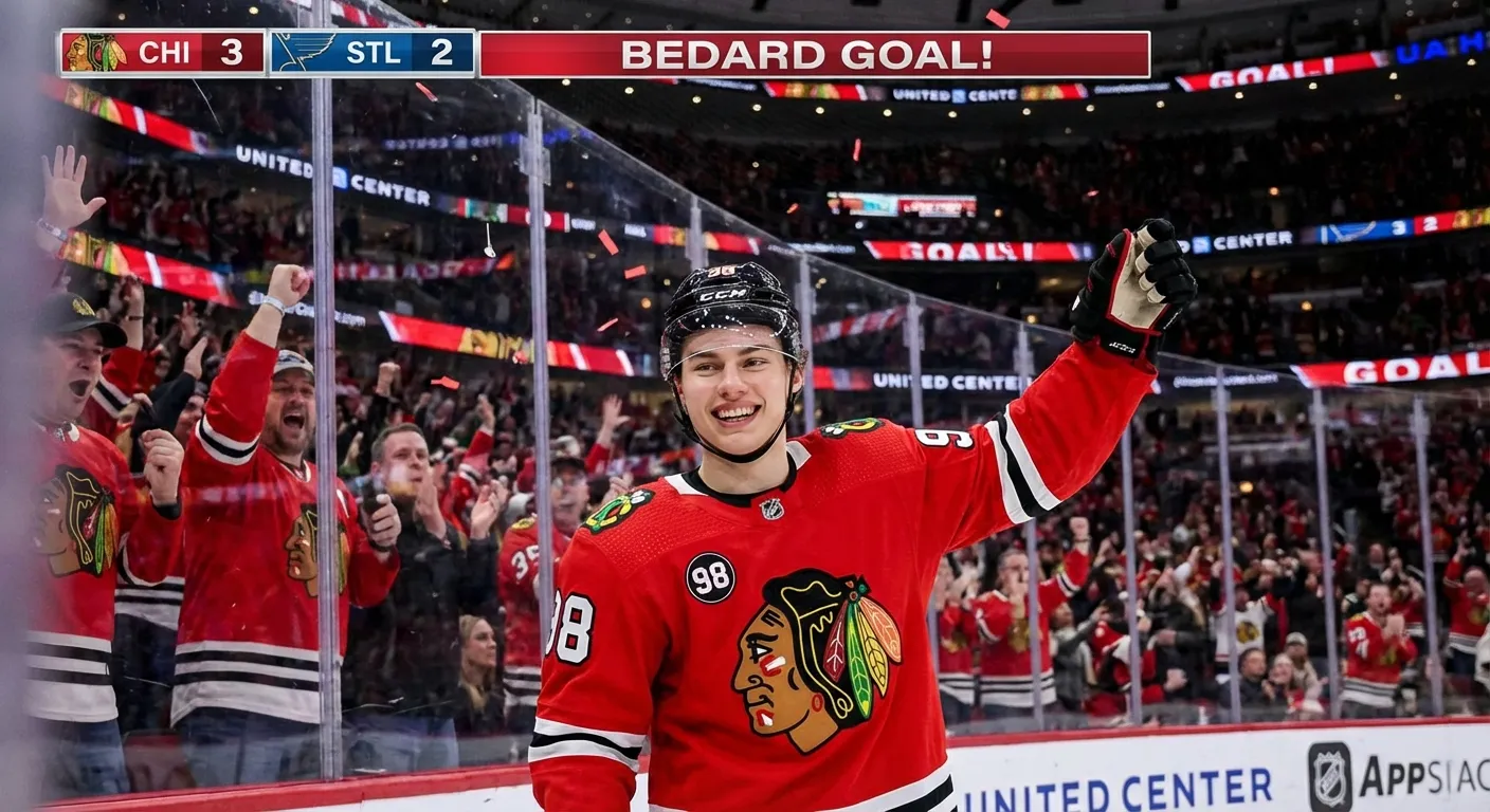 Connor Bedard of the Chicago Blackhawks celebrating after scoring a goal
