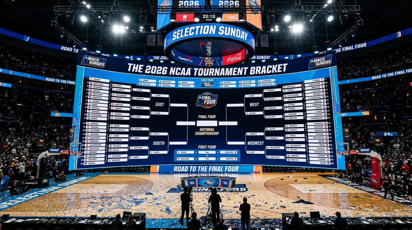 Empty NCAA Tournament bracket board with team logos and seed numbers under arena spotlights