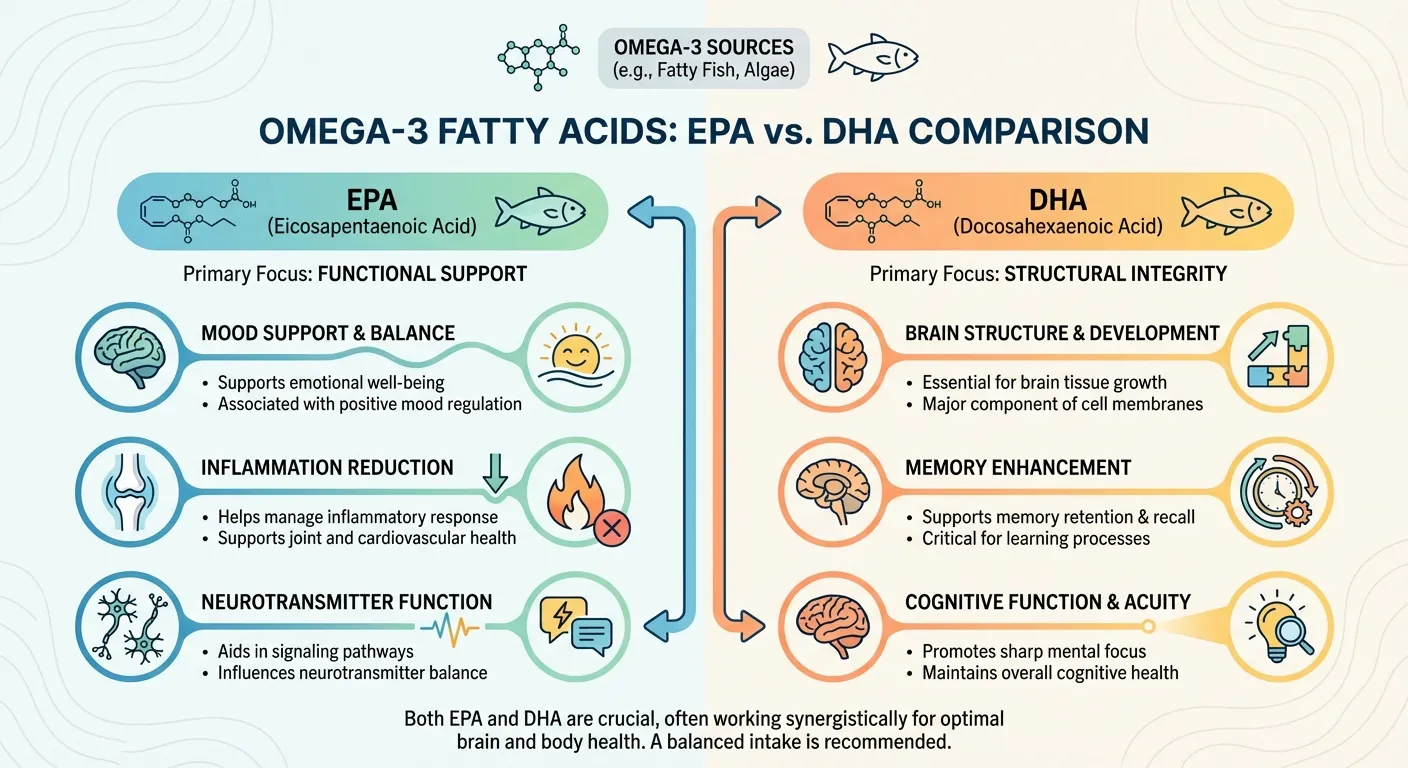 Comparison diagram showing EPA and DHA molecules with their different brain functions labeled