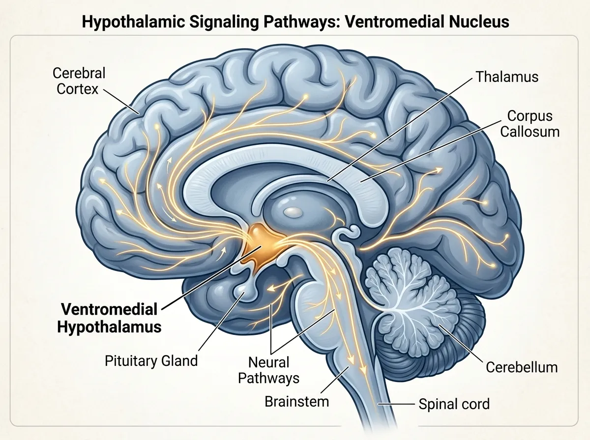 Cross-section illustration of a brain highlighting the ventromedial hypothalamus region