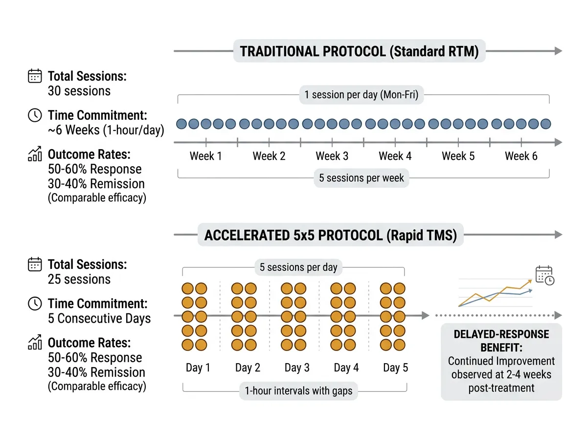 Timeline graphic showing compressed five day TMS protocol versus traditional six week schedule