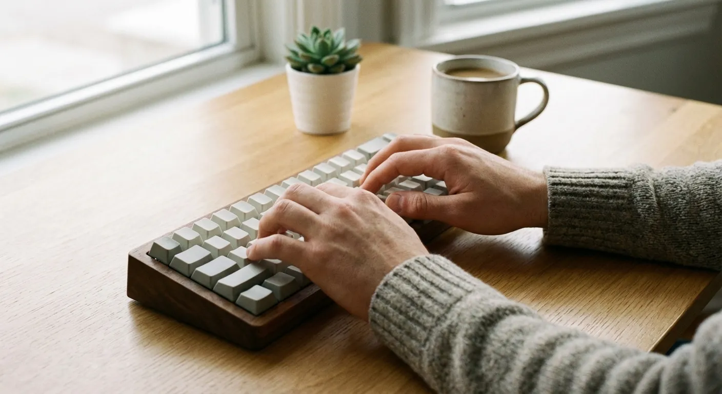 Close-up of a person's hands typing on keyboard with all distractions removed from desk