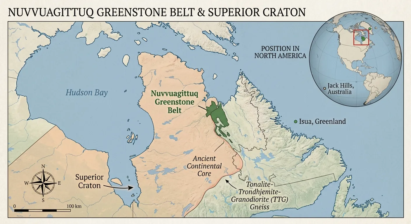 Map showing the location of Earth's oldest rock formations including Nuvvuagittuq