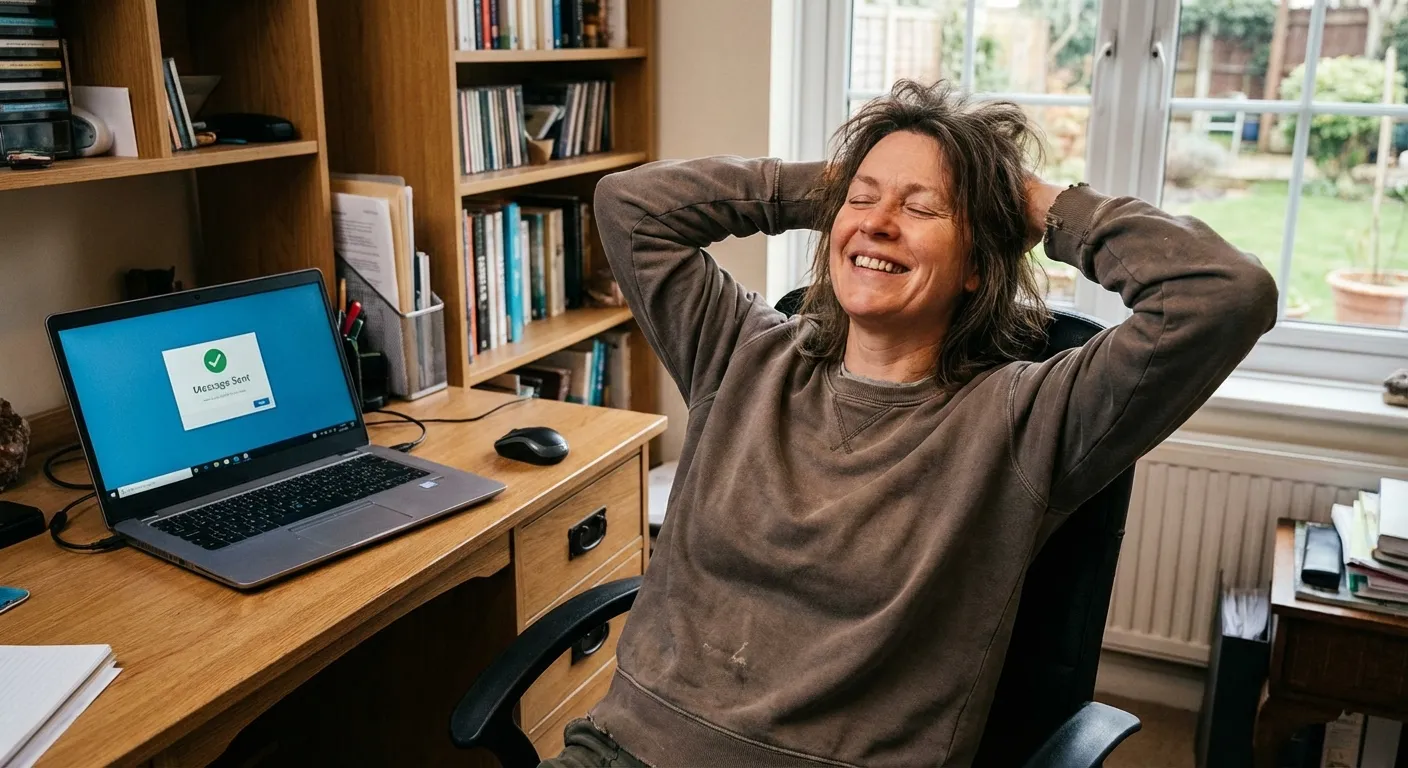 Person relaxed and smiling after hitting send on computer