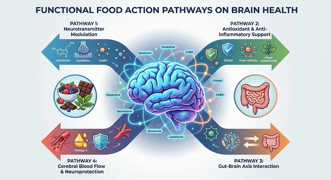 Diagram showing pathways through which functional foods affect brain function including neurotransmitters, inflammation, blood flow, and neurogenesis