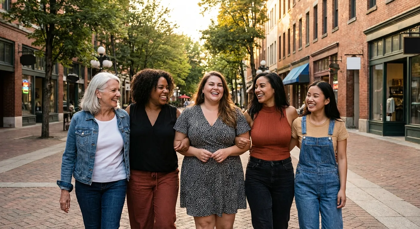 Diverse group of women walking together on a city street in solidarity