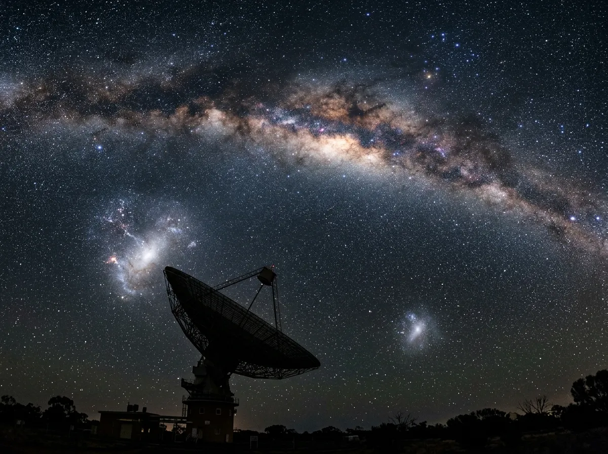 Both Magellanic Clouds visible as bright patches above the silhouette of a radio telescope dish