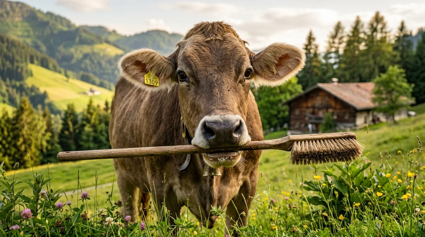 Brown Swiss cow holding a wooden brush in her mouth in a green Austrian alpine meadow