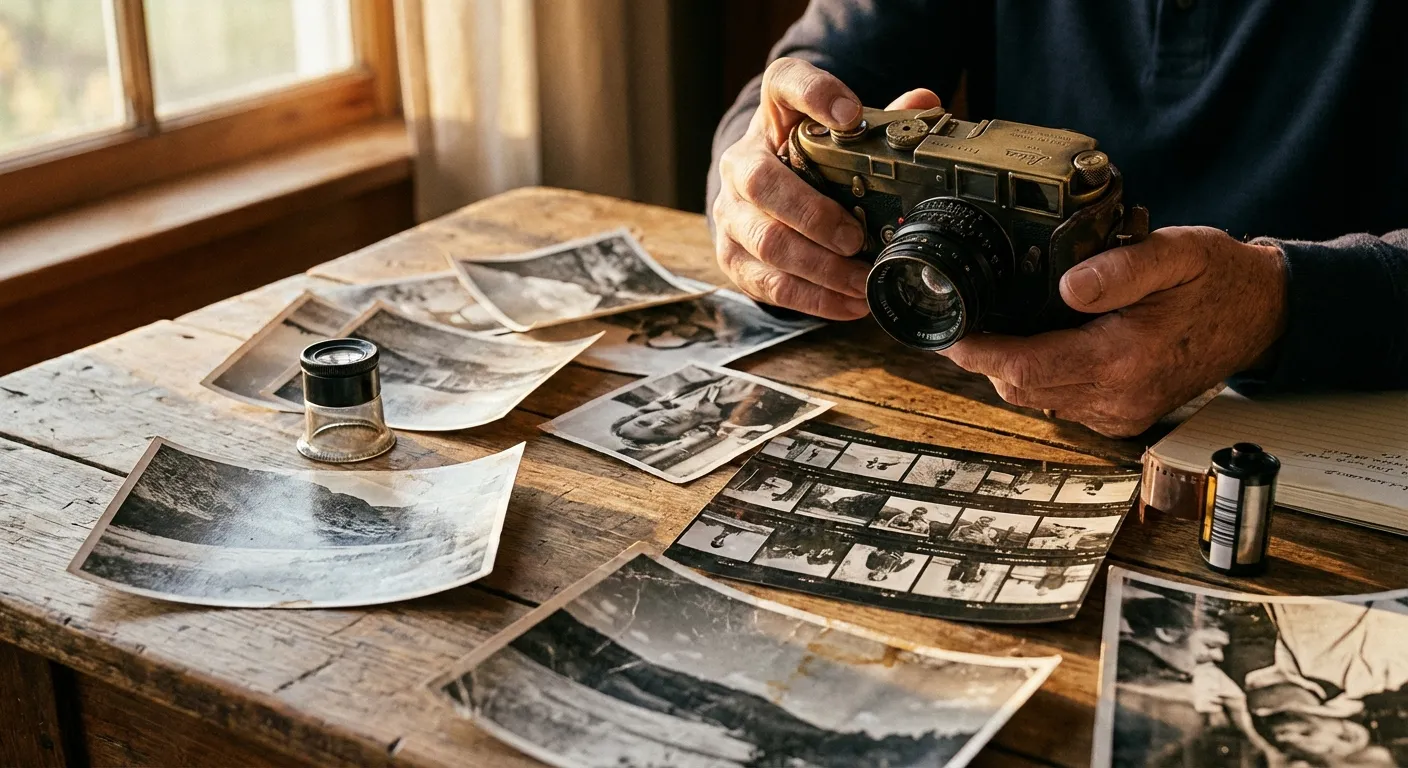 Hands holding vintage film camera with developed photographs spread on wooden table