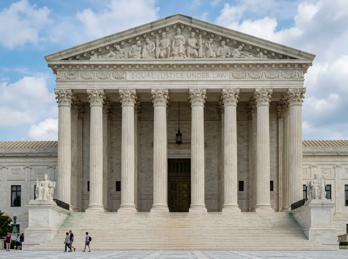 The Supreme Court building facade with carved text about justice and law